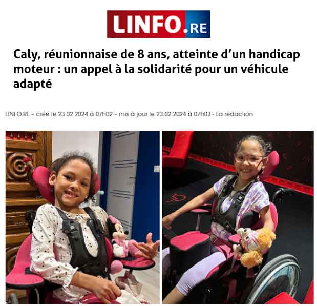 Caly, réunionnaise de 8 ans, atteinte d’un handicap moteur : un appel à la solidarité pour un véhicule adapté